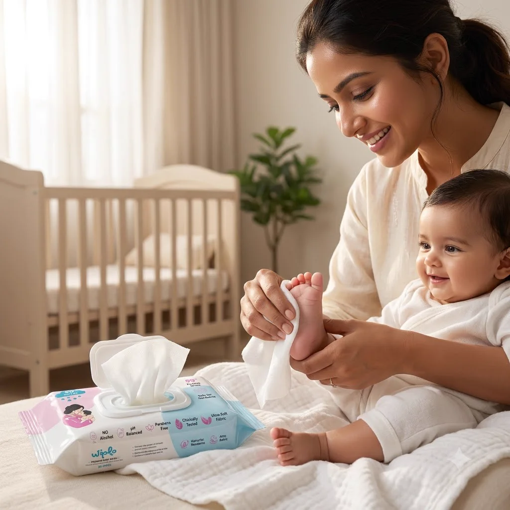 A mother gently wiping her baby's feet with Wiplo wipes